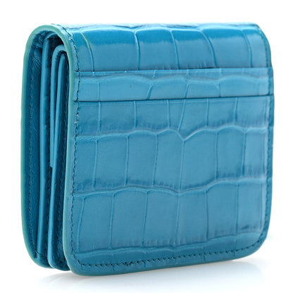 Balenciaga Shiny Calfskin Crocodile Embossed Cash Flap Coin Card Holder Blue 3 of 12