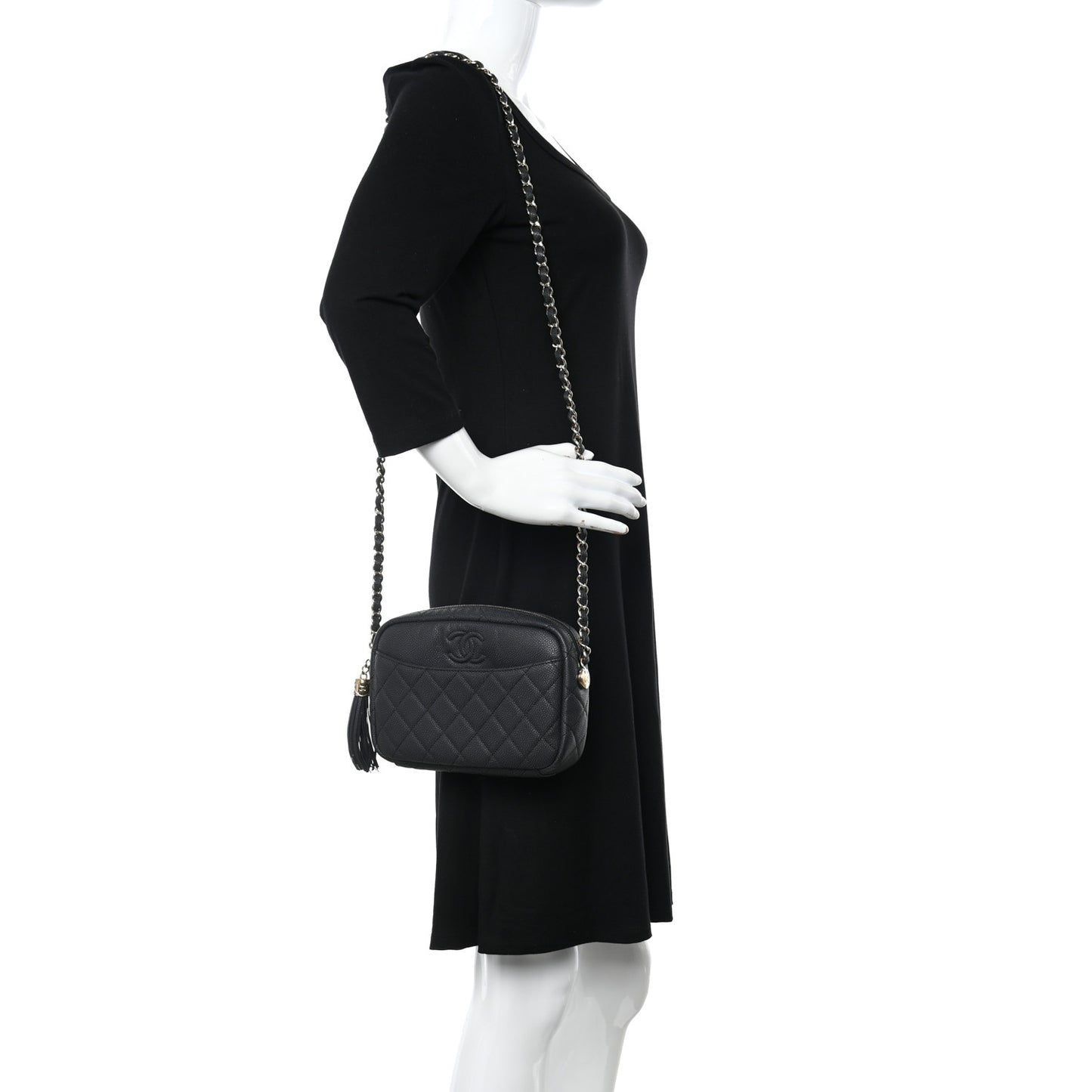 Iridescent Caviar Quilted Small Coco Tassel Camera Case Black