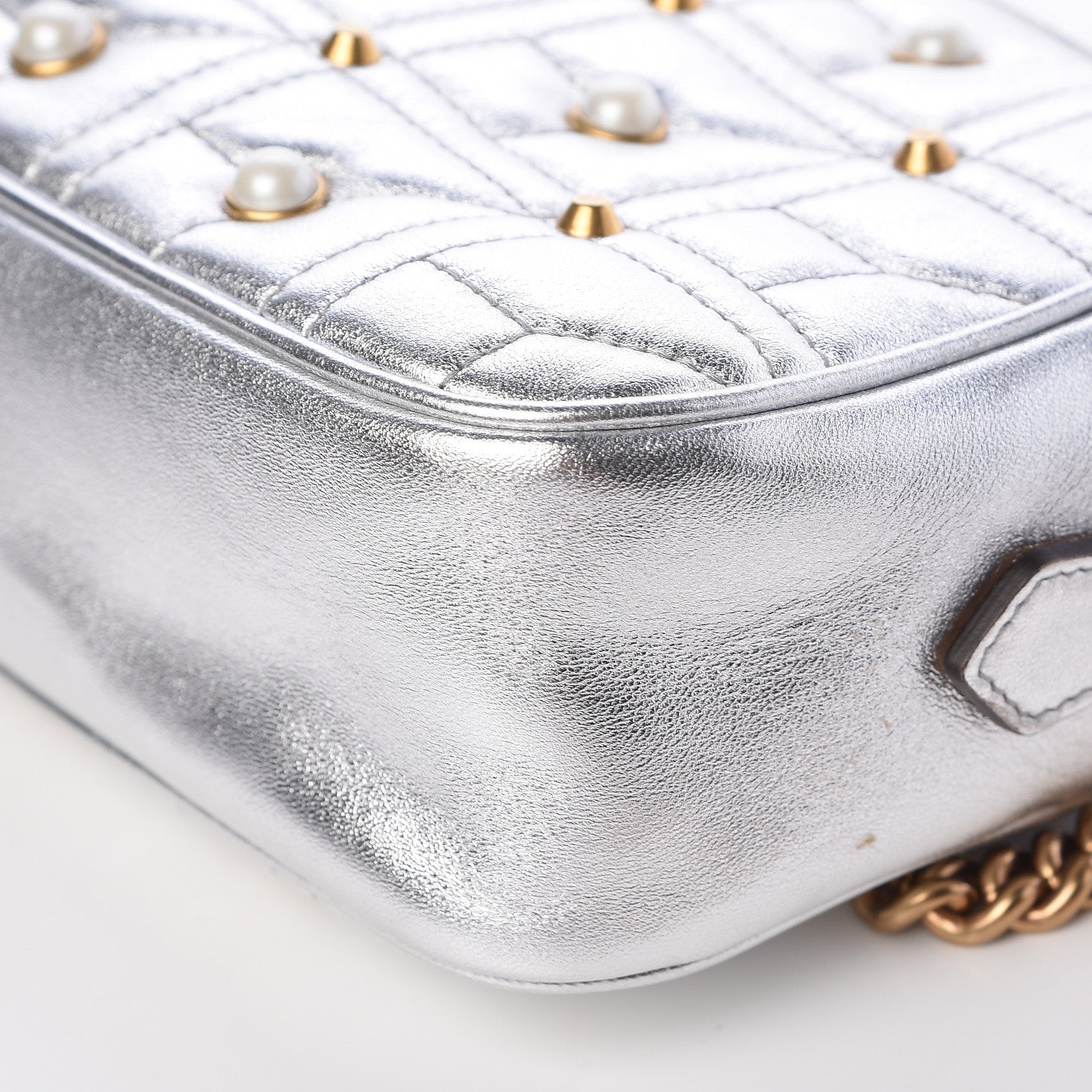 Gucci Metallic Calfskin Matelasse Studded Small Pearly GG Marmont Chain Shoulder Bag Silver 9 of 10