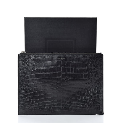Saint Laurent Calfskin Crocodile Embossed Sac De Jour Carryall Pouch Black 12 of 12