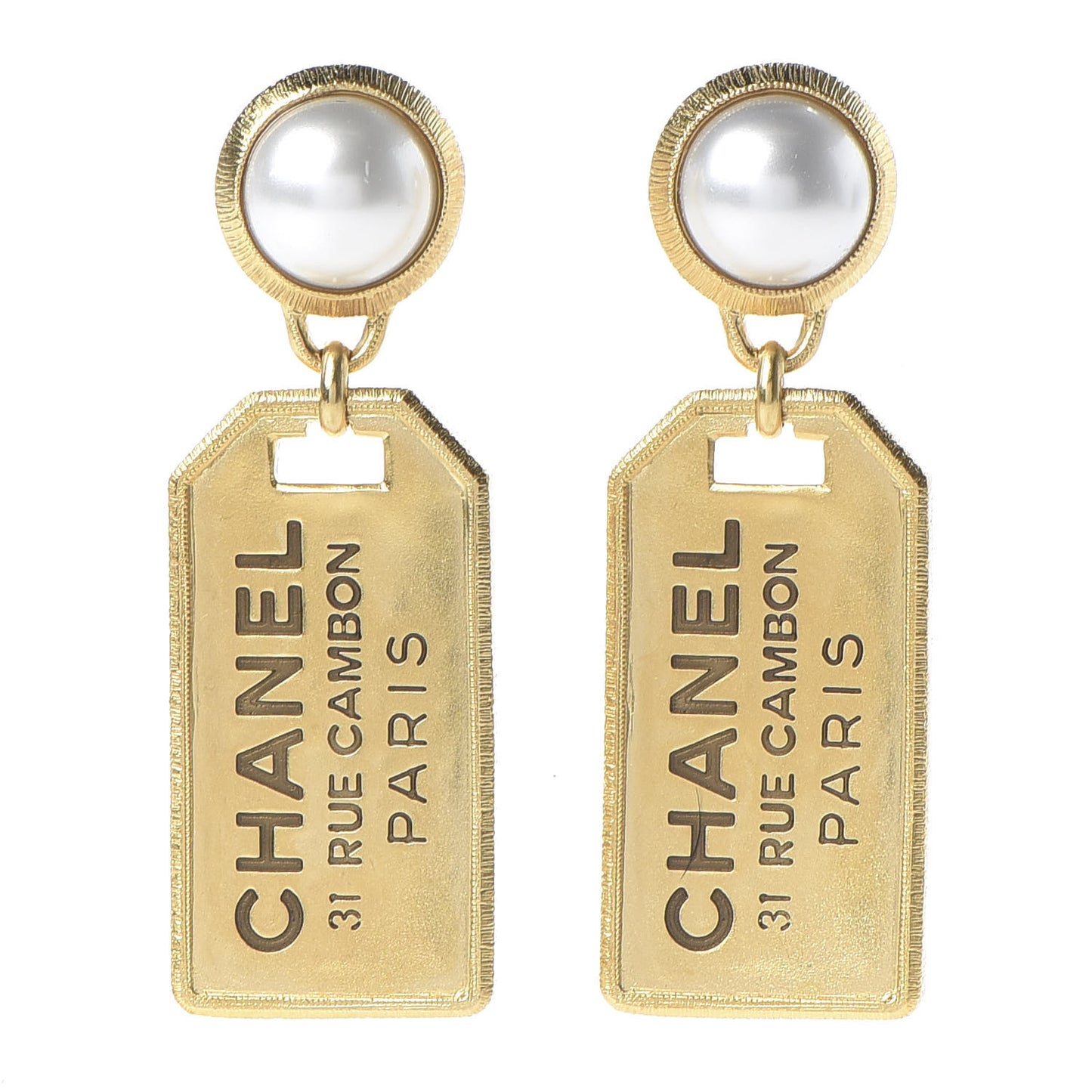 Pearl CC Tags Drop Earrings Gold