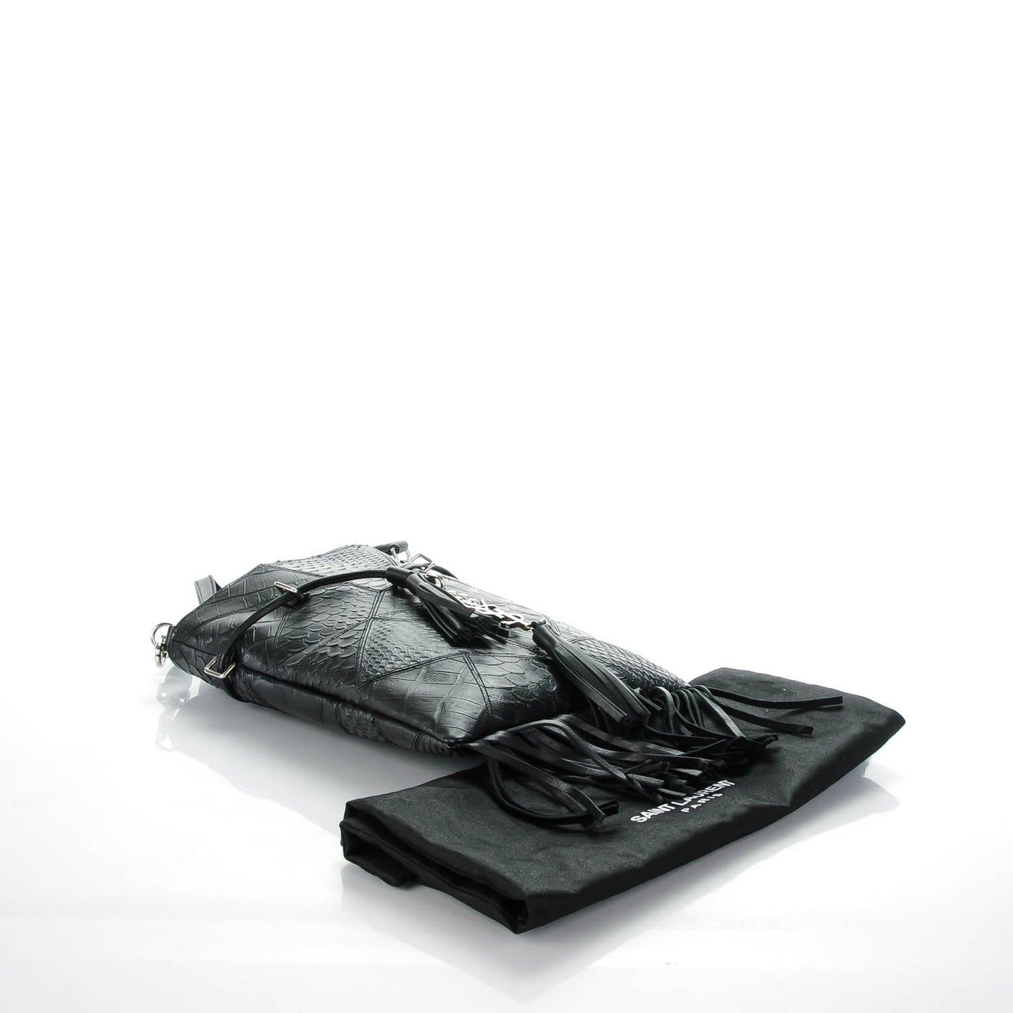 Crocodile Embossed Patchwork Tassel Fringe Monogram Bucket Bag Black