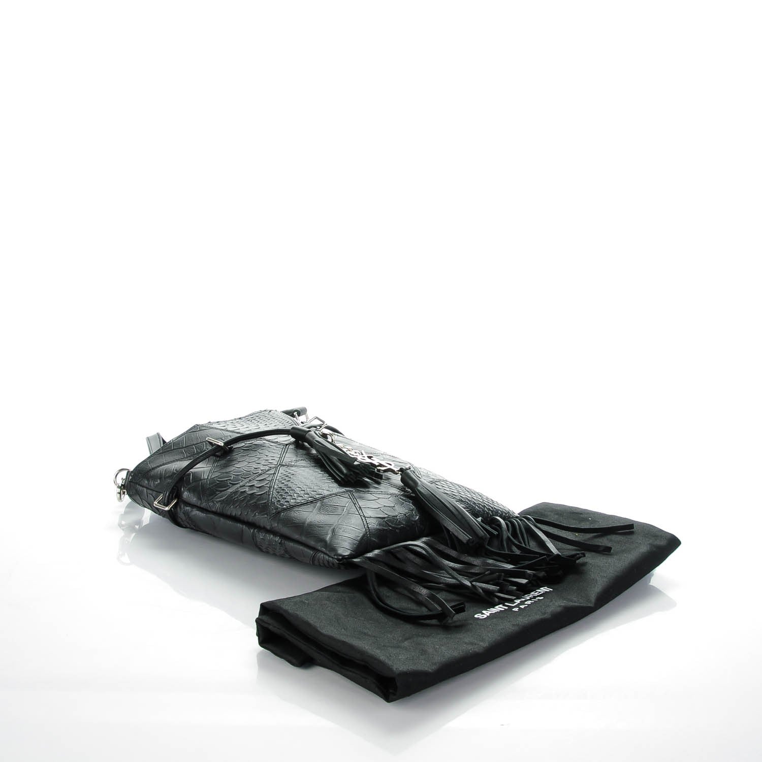 Saint Laurent Crocodile Embossed Patchwork Tassel Fringe Monogram Bucket Bag Black 4 of 7