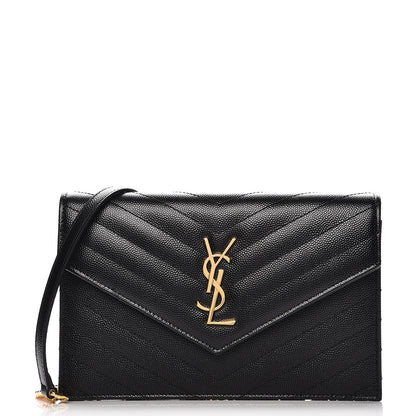 Saint Laurent Grain De Poudre Matelasse Chevron Monogram Envelope Chain Wallet Black 1 of 8