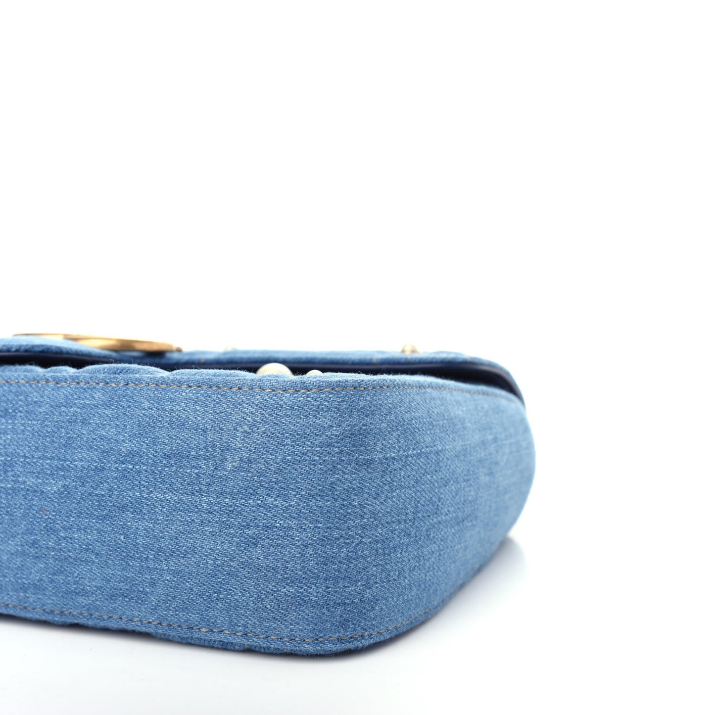 Denim Matelasse Pearl Studded Small GG Marmont Shoulder Bag Blue