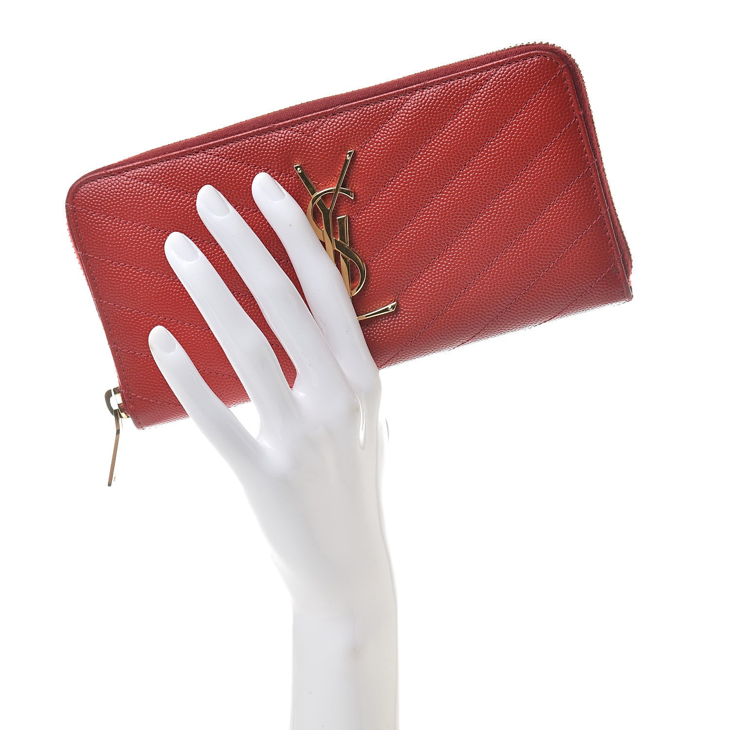 Saint Laurent Grain De Poudre Matelasse Chevron Monogram Zip Around Wallet Lipstick Red 2 of 10