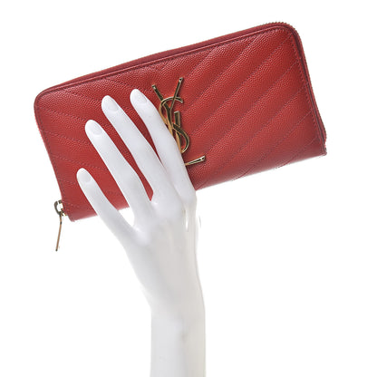 Saint Laurent Grain De Poudre Matelasse Chevron Monogram Zip Around Wallet Lipstick Red 2 of 10
