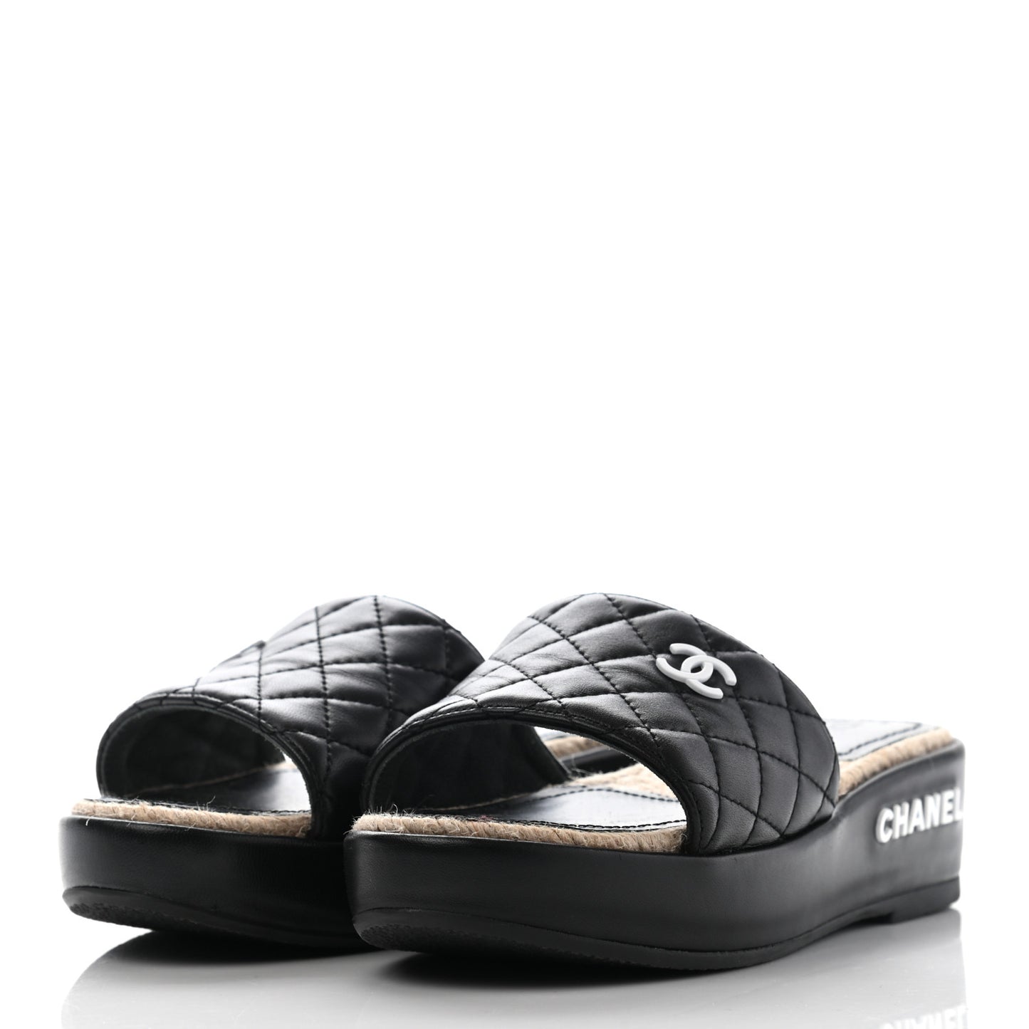 Lambskin Quilted CC Espadrille Slip On Sandals 35 Black