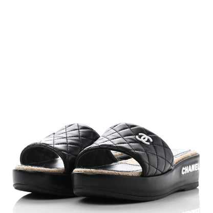 Chanel Lambskin Quilted CC Espadrille Slip On Sandals 35 Black 3 of 14