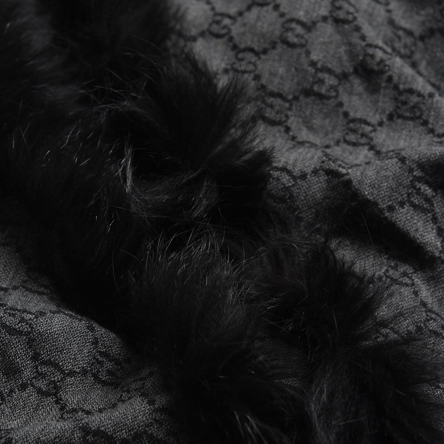 Wool Silk Fox Fur Monogram Shawl Scarf Black