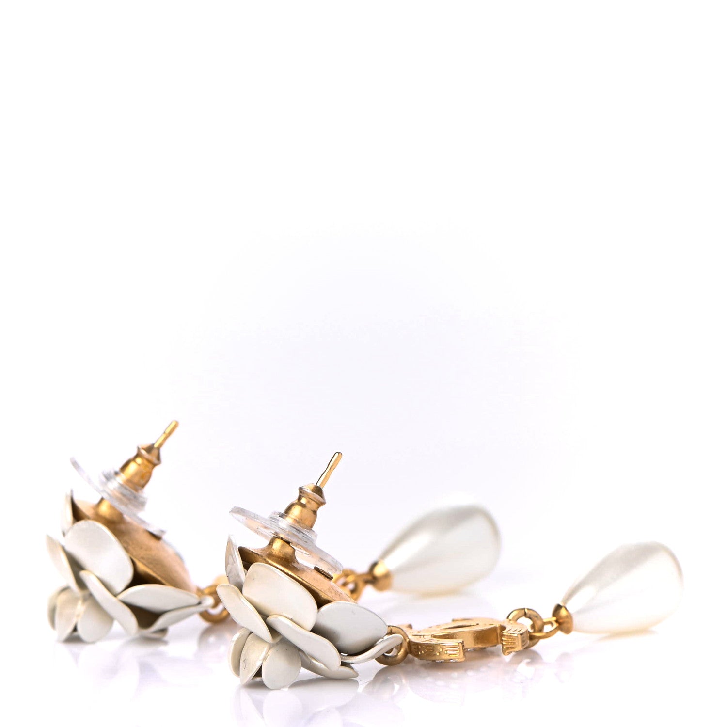 Chanel Metal Crystal Pearl 90s Camellia CC Drop Earrings Gold 3 of 4