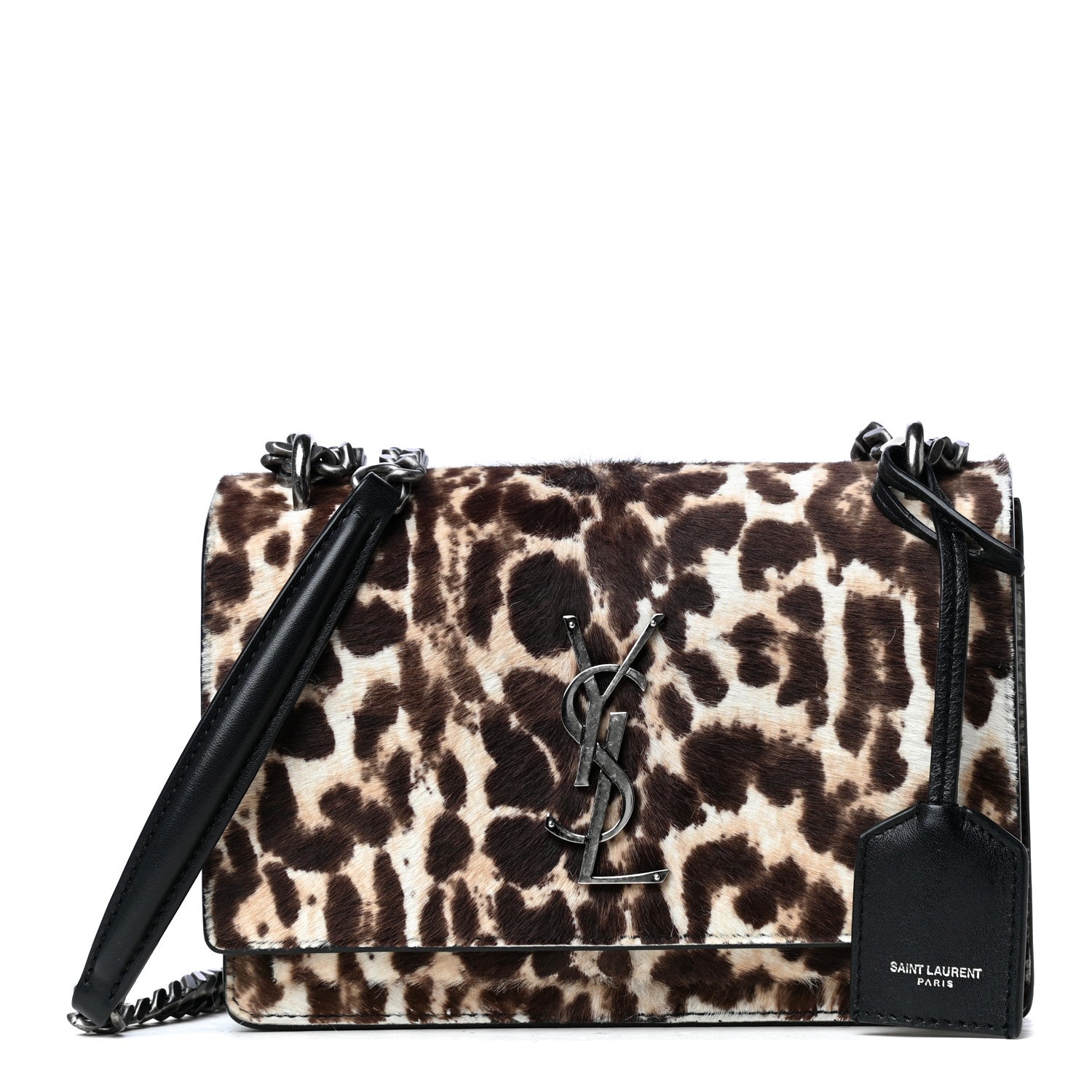 Saint Laurent Calf Hair Leopard Print Monogram Small Sunset Chain Wallet Natural Black 2 of 8