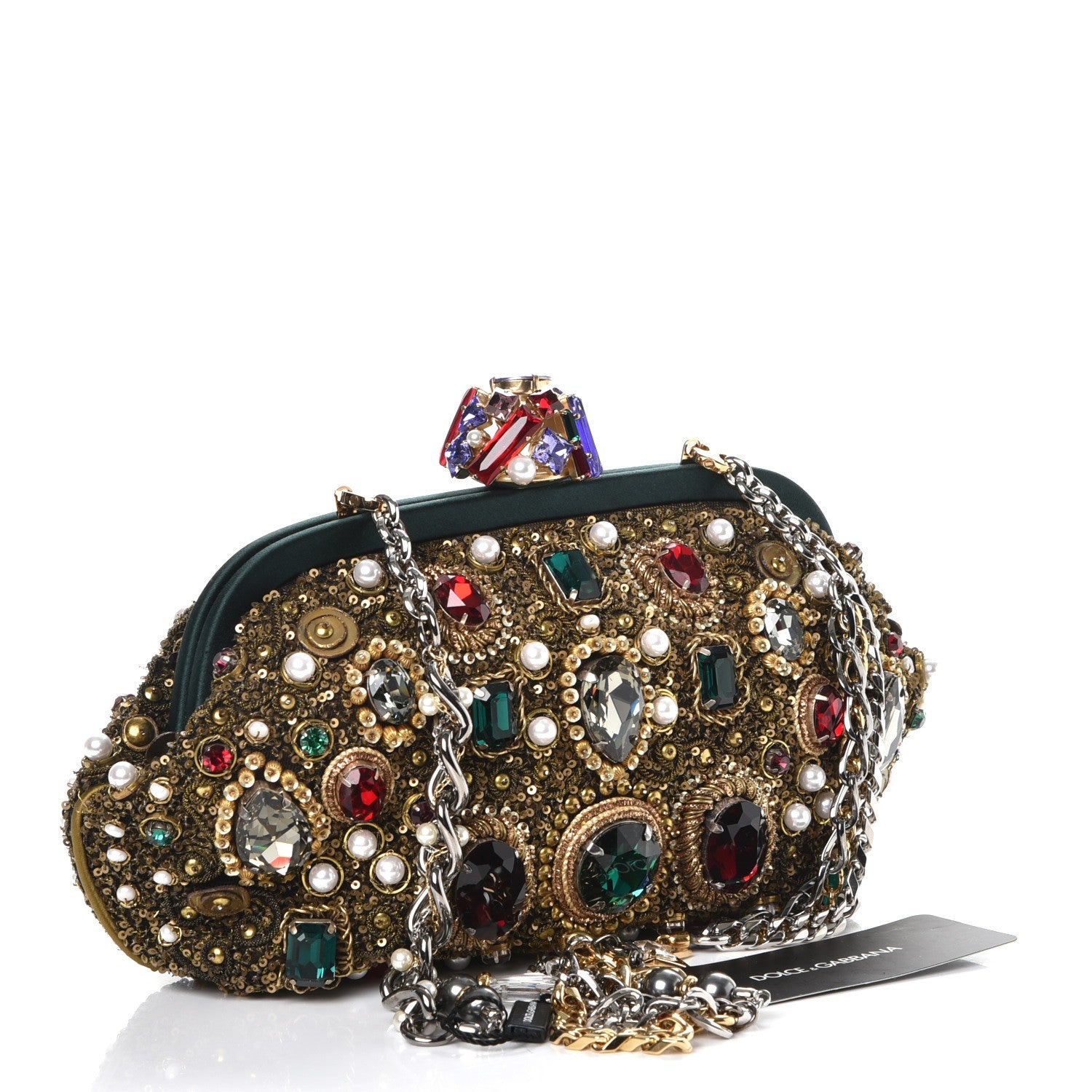 Dolce & Gabbana Satin Sequin Crystal Embellished Chain Clutch Green Multicolor 3 of 9