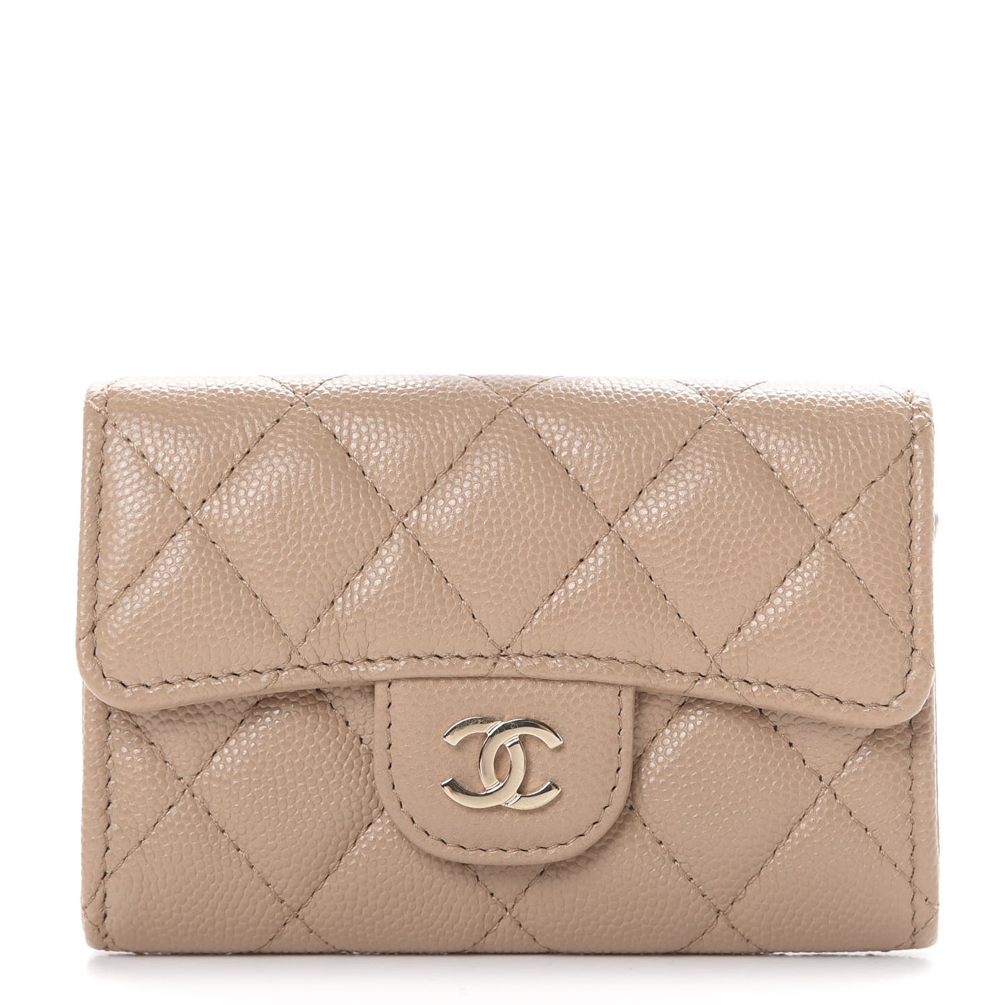 Caviar Quilted Flap Card Holder Wallet Beige