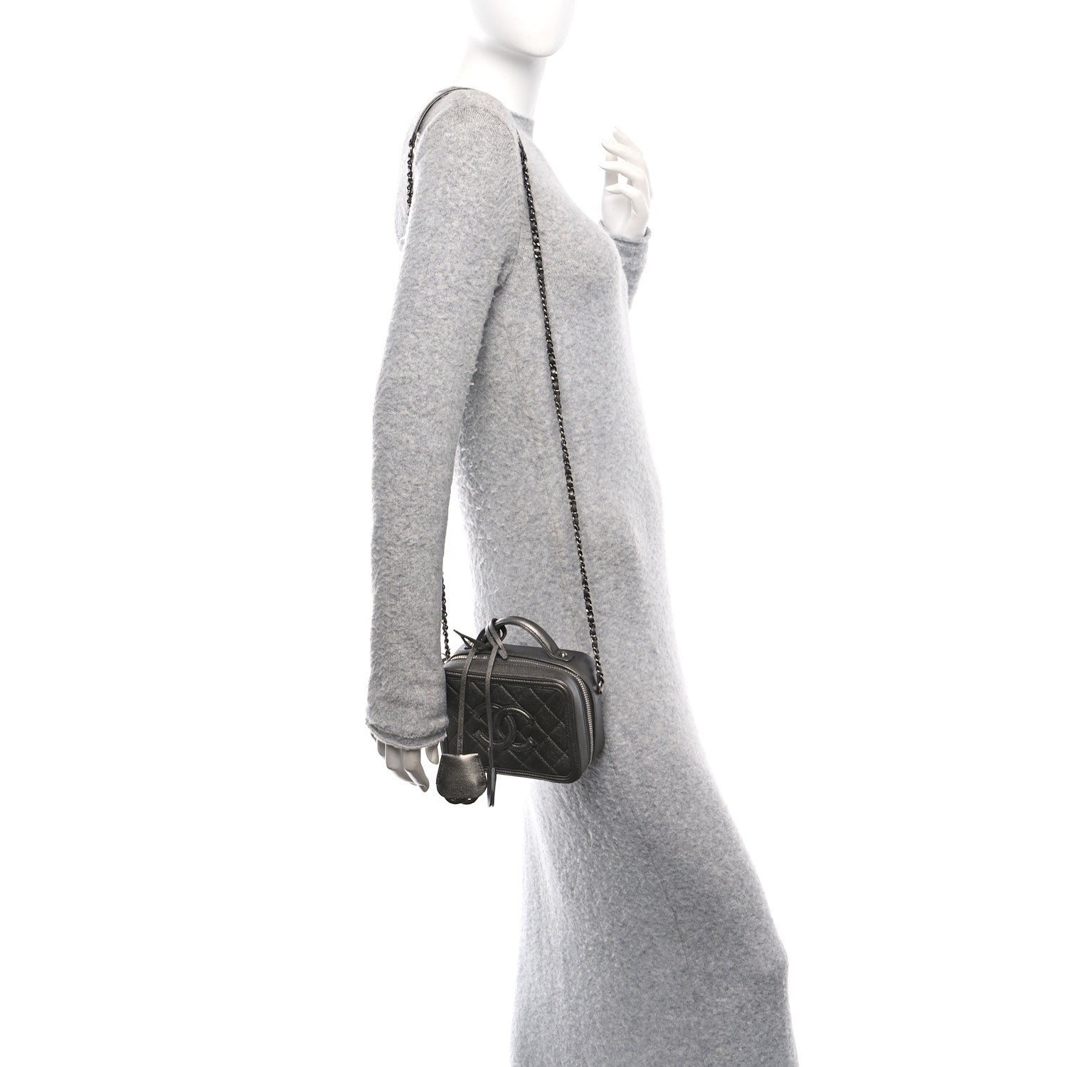 Chanel Metallic Caviar Quilted Small CC Filigree Vanity Case Dark Silver 2 of 10