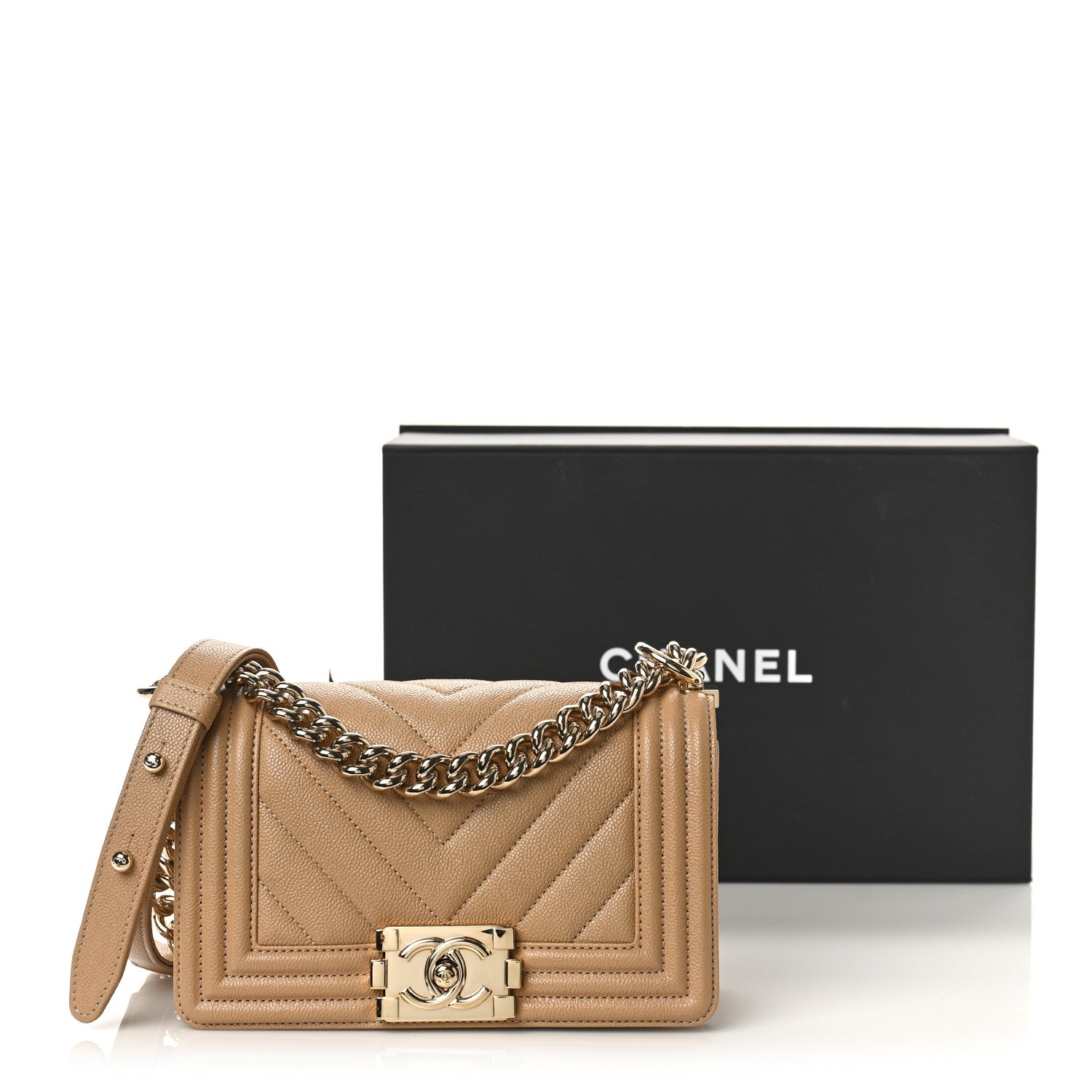 Chanel Caviar Chevron Quilted Small Boy Flap Beige 10 of 10