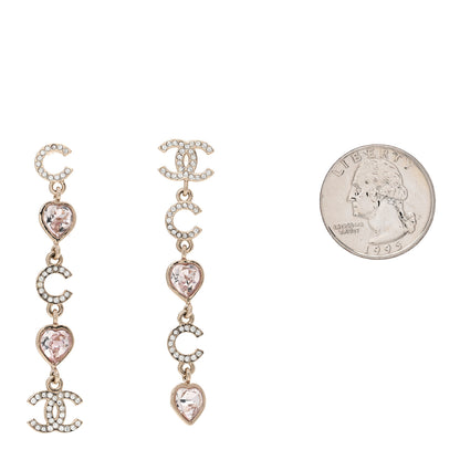 Chanel Metal Crystal CC Coco Heart Drop Earrings Gold Pink 2 of 5
