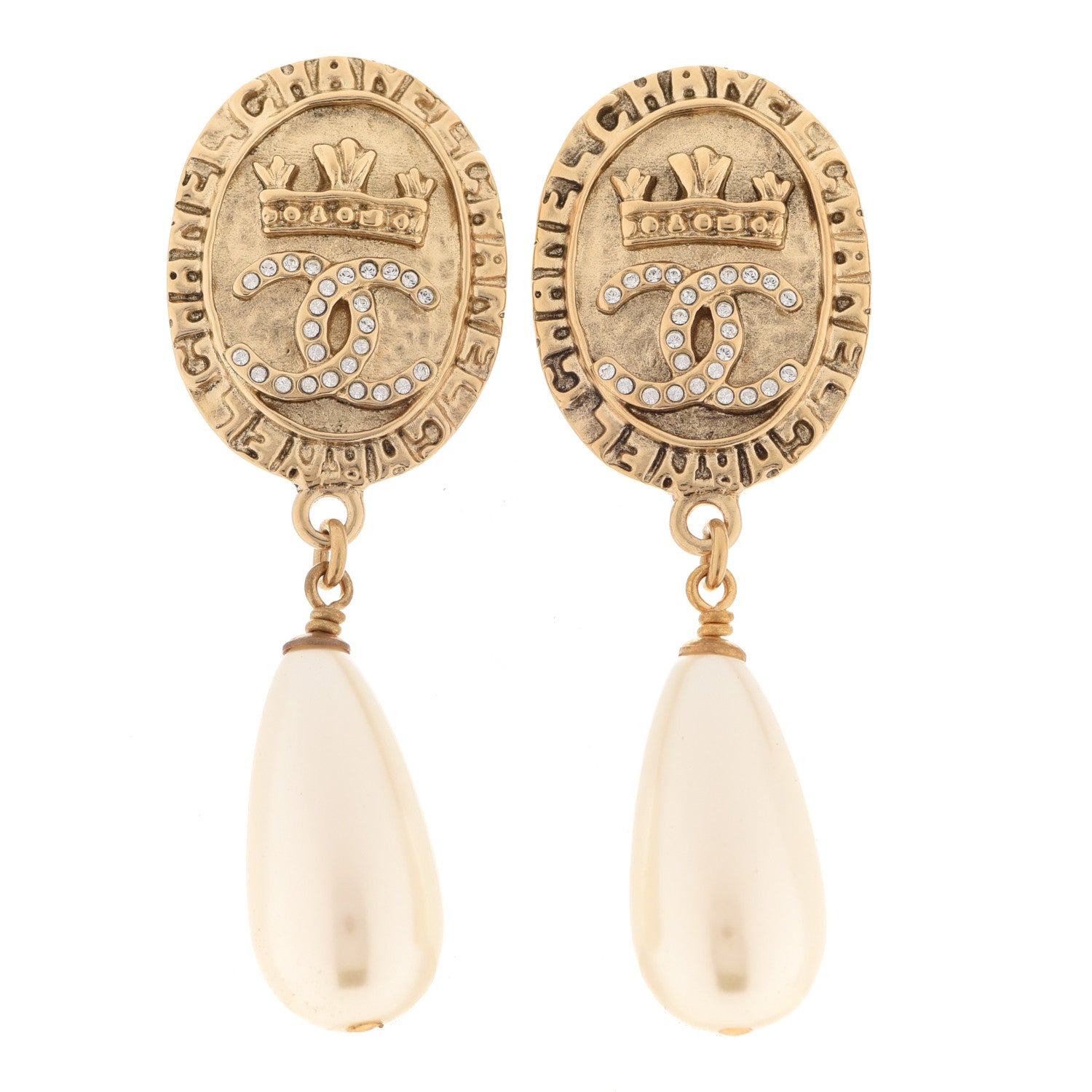 Chanel Crystal Pearl Crown CC Drop Earrings Gold 1 of 5