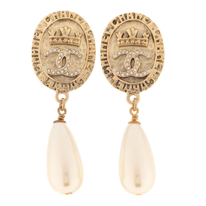 Chanel Crystal Pearl Crown CC Drop Earrings Gold 1 of 5