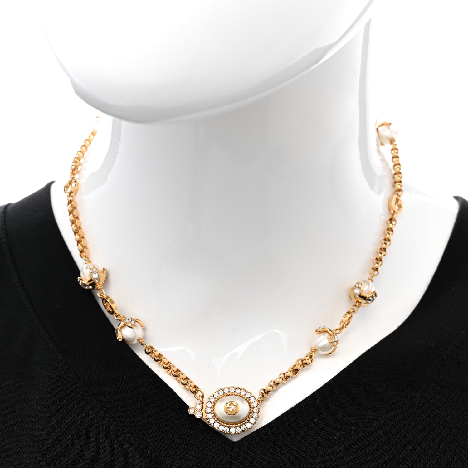 Gucci Pearl Crystal Embellished Interlocking G Necklace Pink Aged Gold 2 of 7