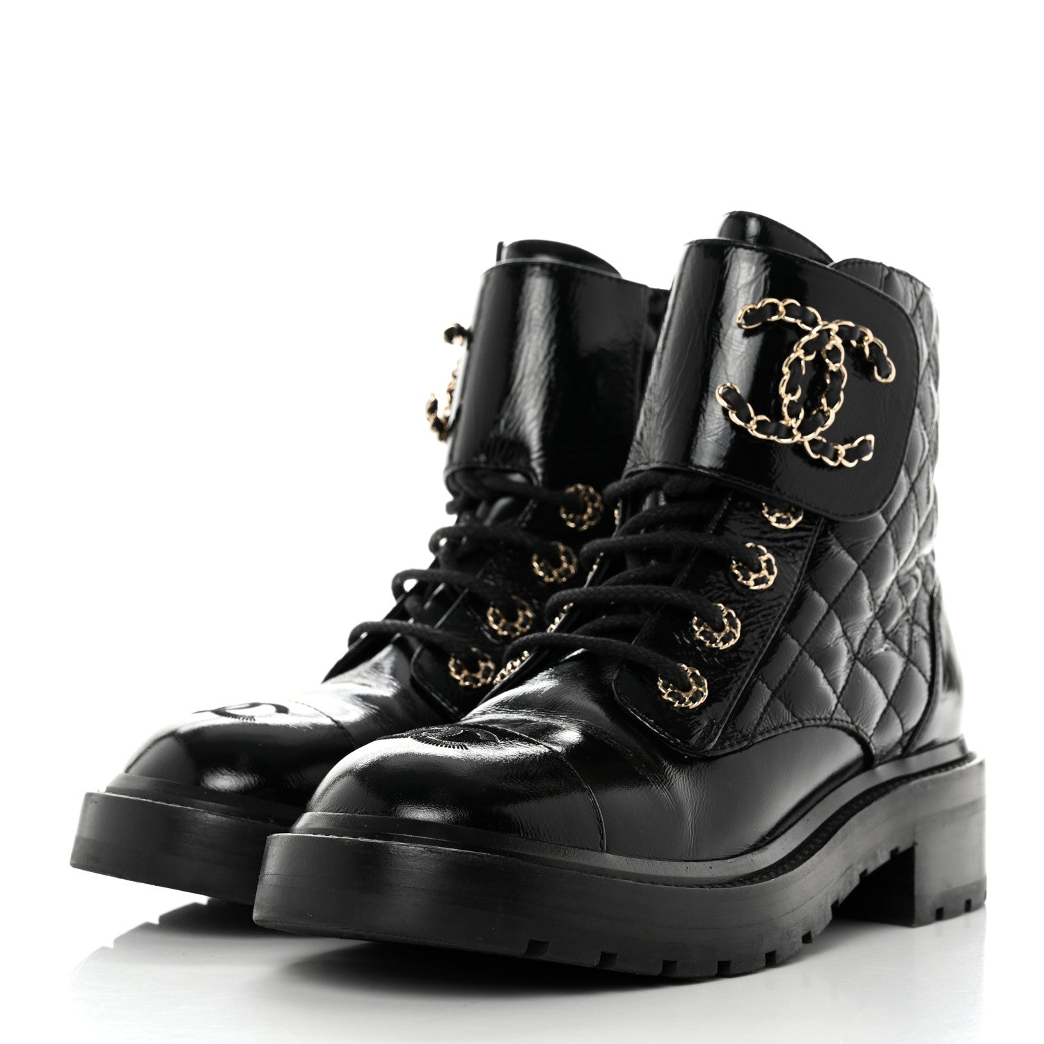 Chanel Shiny Calfskin Quilted Lace Up Combat Boots 37 Black 3 of 8