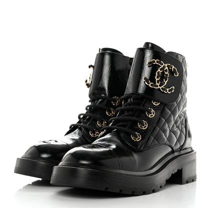 Chanel Shiny Calfskin Quilted Lace Up Combat Boots 37 Black 3 of 8