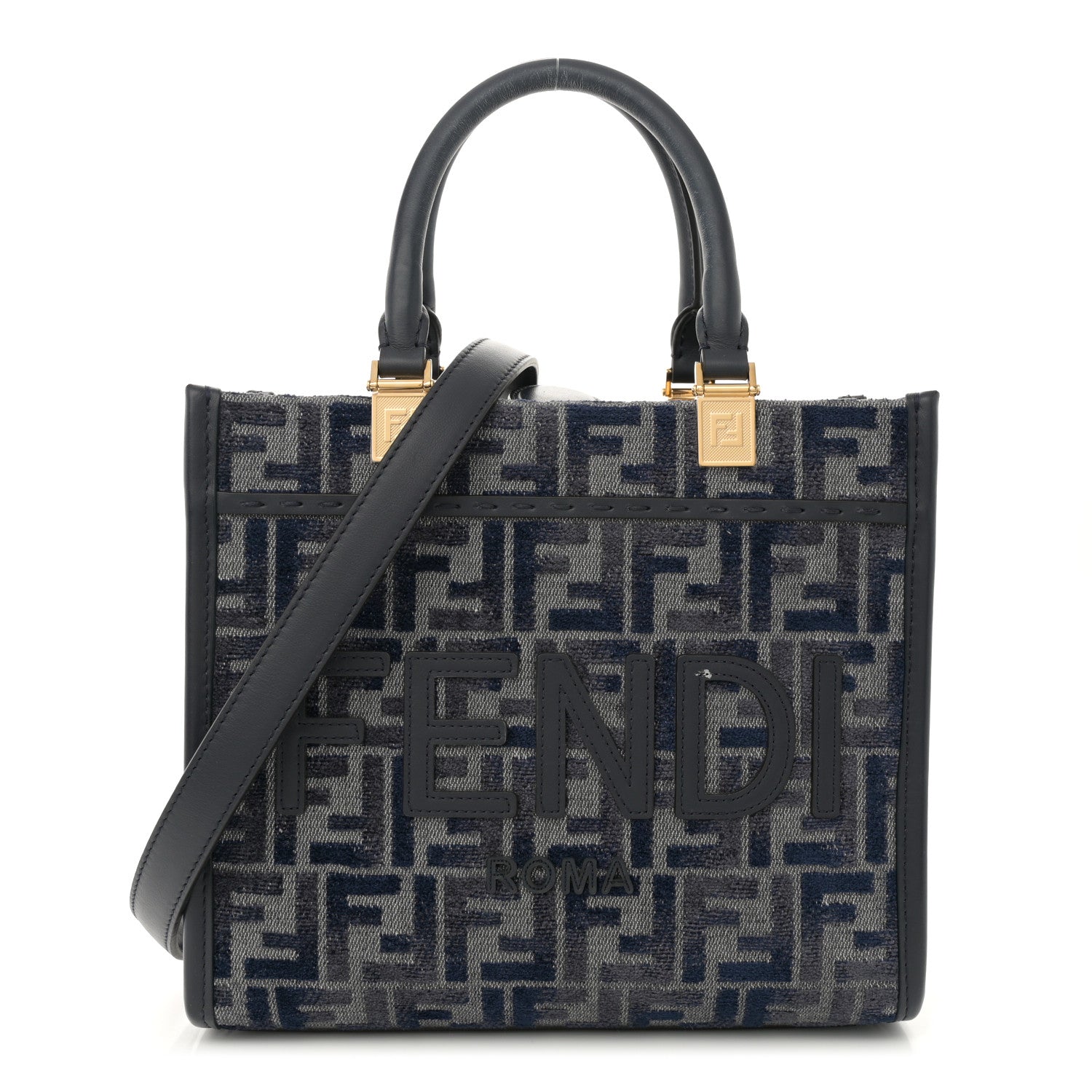 Fendi Chenille Vitello Grace FF Embroidered Small Fendi Sunshine Shopper Tote Dark Blue Grey 1 of 13