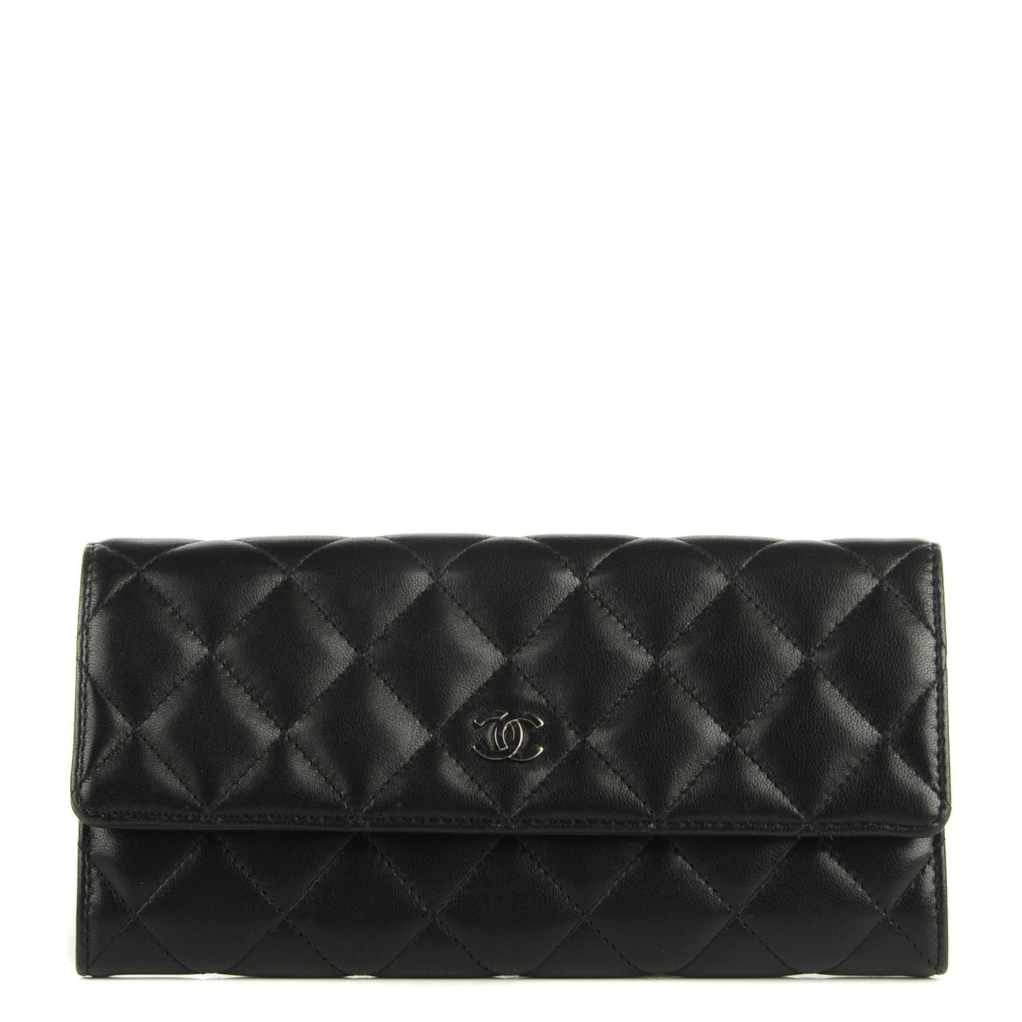 Lambskin Quilted Large Gusset Flap Wallet Black
