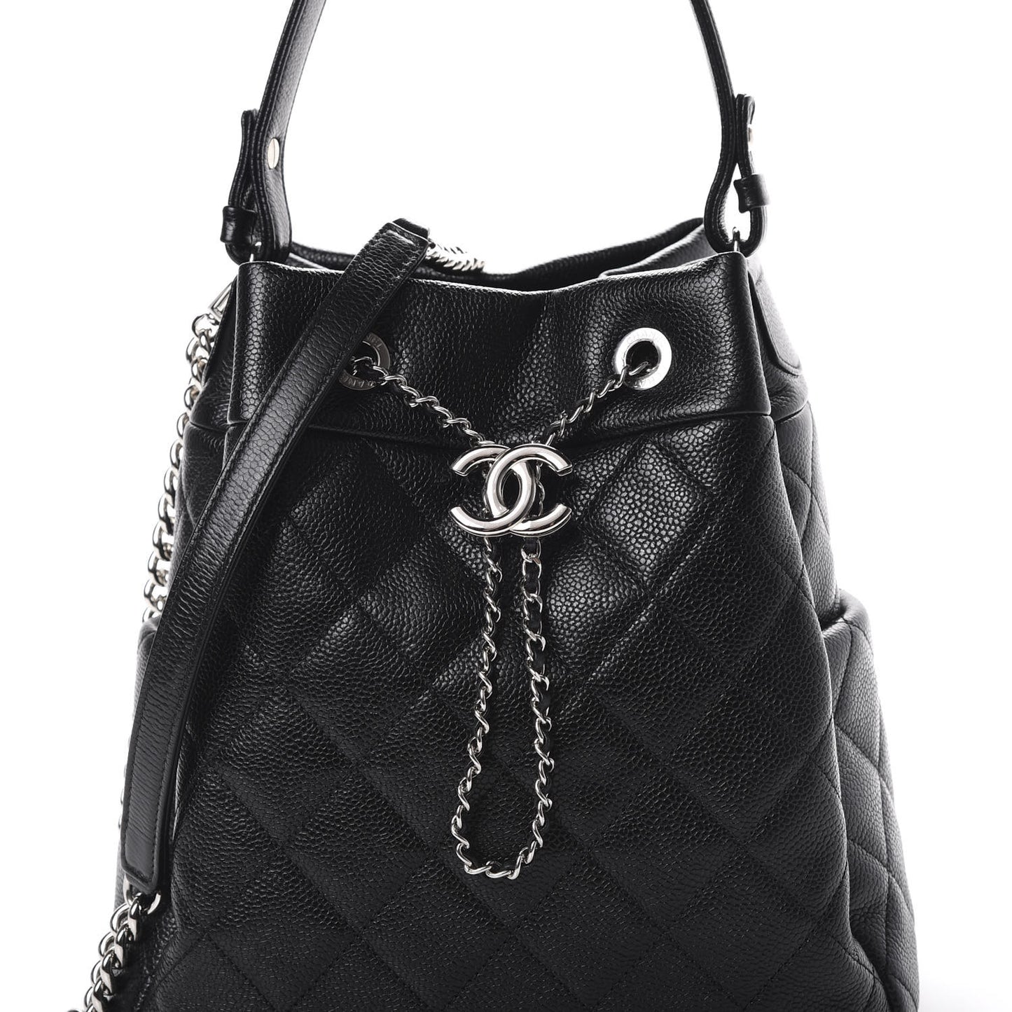 Grained Calfskin Quilted CC Chain Bucket Drawstring Bag Black