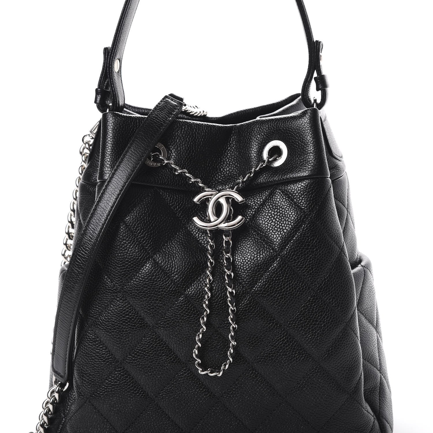 Chanel Grained Calfskin Quilted CC Chain Bucket Drawstring Bag Black 7 of 9