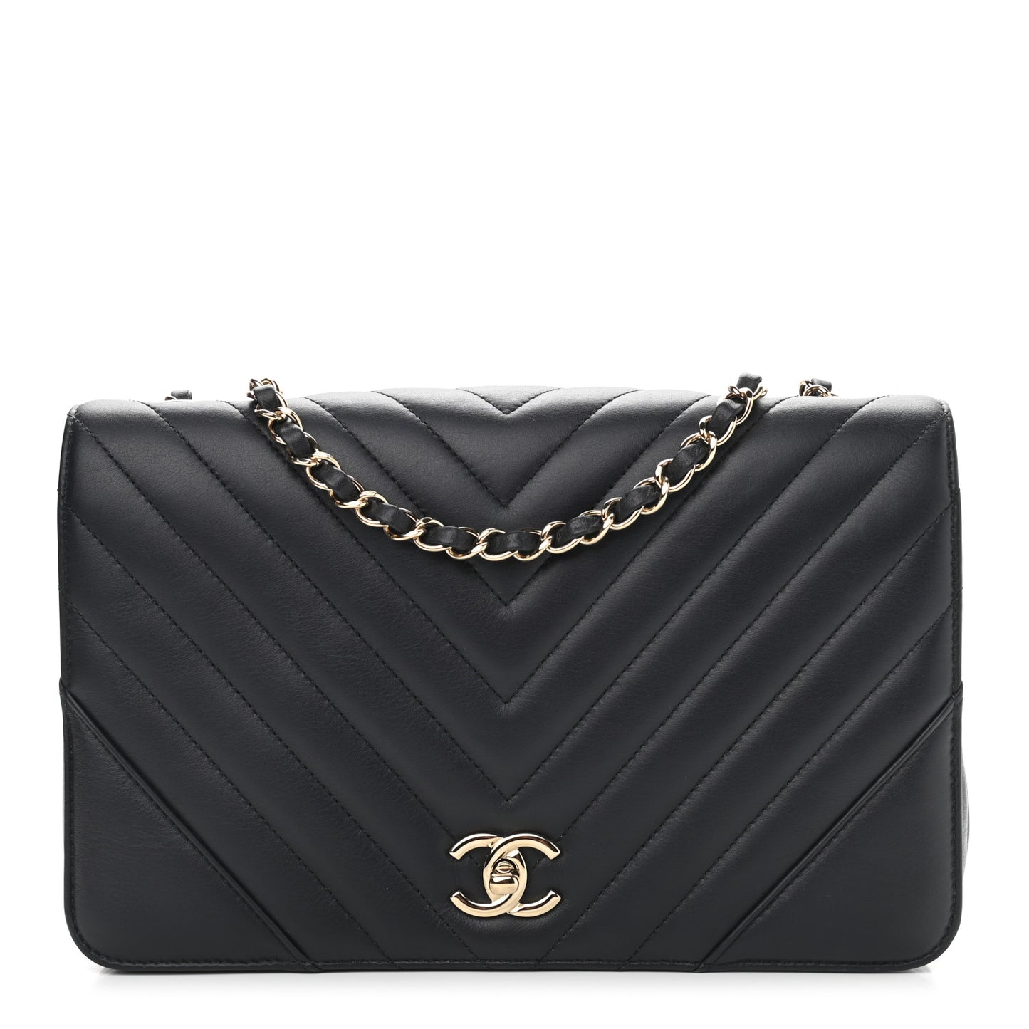 Calfskin Chevron Quilted Medium Statement Flap Navy Blue