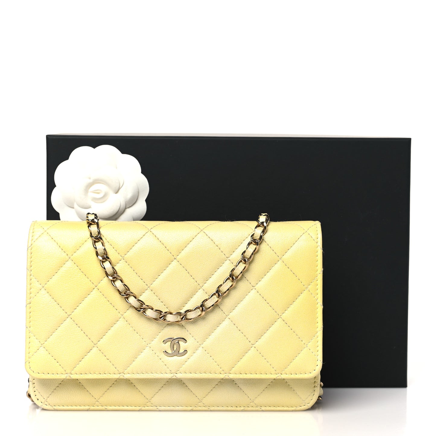 Cloudy Pearly Goatskin Quilted Wallet on Chain WOC Jaune