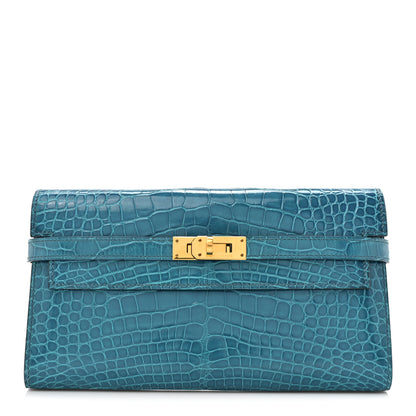 Hermes Shiny Alligator Kelly Longue Wallet Bleu Izmir 1 of 11