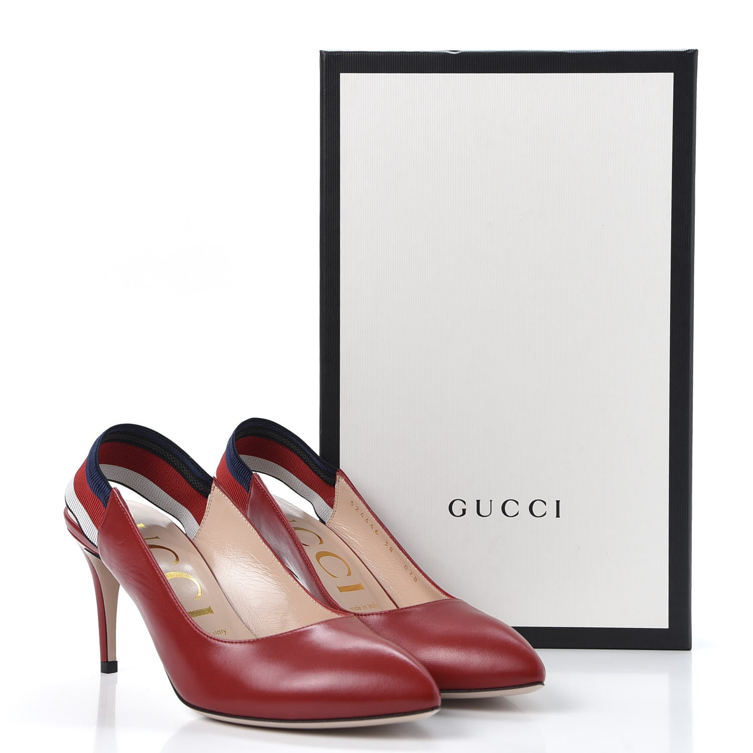 Gucci Malaga Kid Web Sylvie Mid Heel Slingback Pumps 38 Hibiscus Red 10 of 10