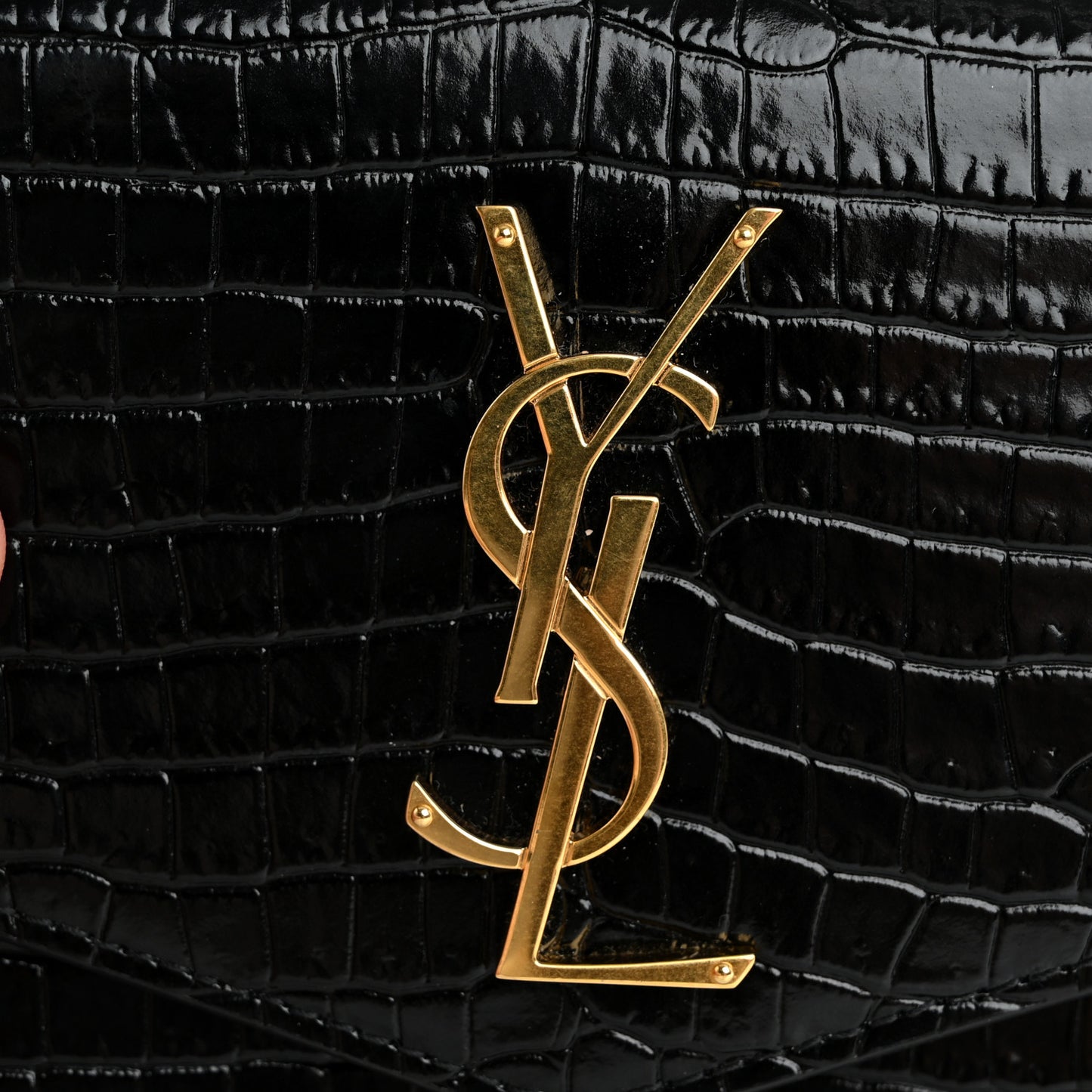 Calfskin Crocodile Embossed Monogram Uptown Chain Wallet Black