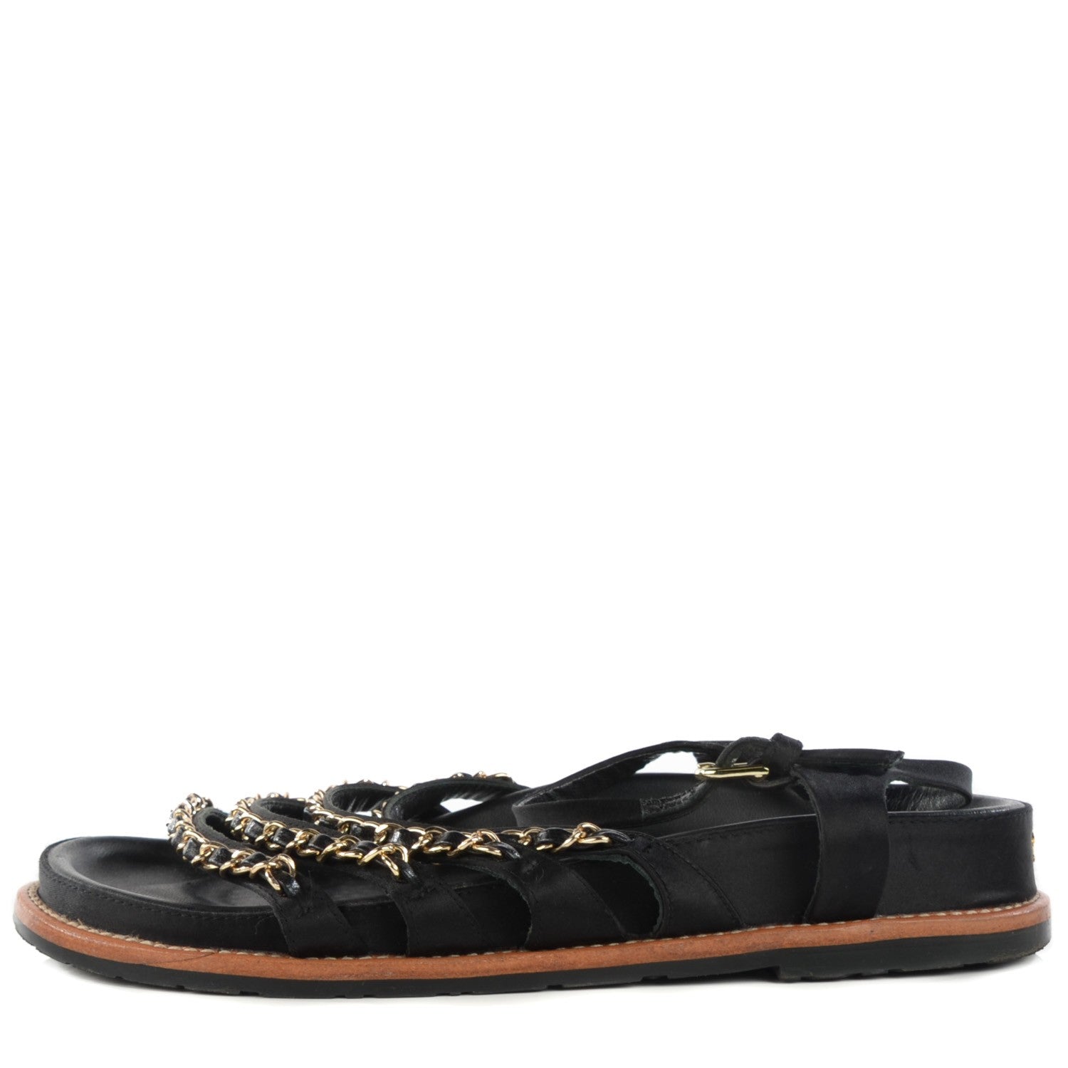 Chanel Satin Lambskin Chain Flat Sandals 37 Black 1 of 8