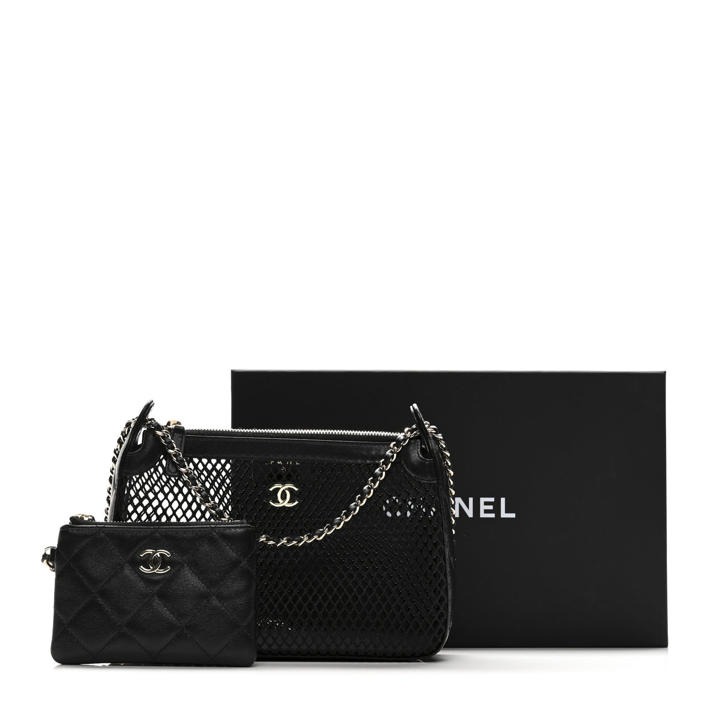 Mesh Shiny Lambskin Clutch With Chain Black