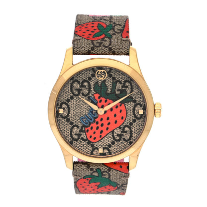 Gucci Stainless Steel Canvas 38mm G-Timeless GG Supreme Strawberry Quartz Watch Brown 1 of 4