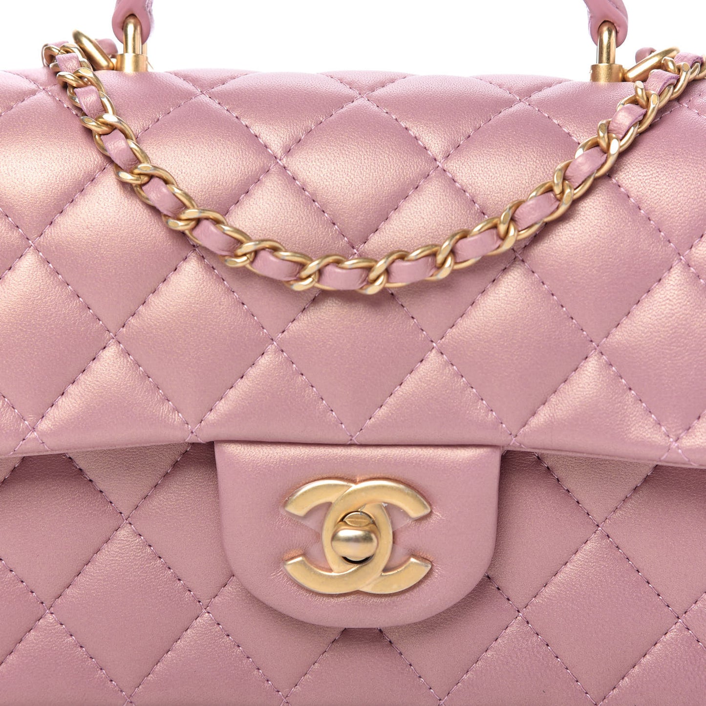 Iridescent Lambskin Quilted Mini Top Handle Rectangular Flap Pink