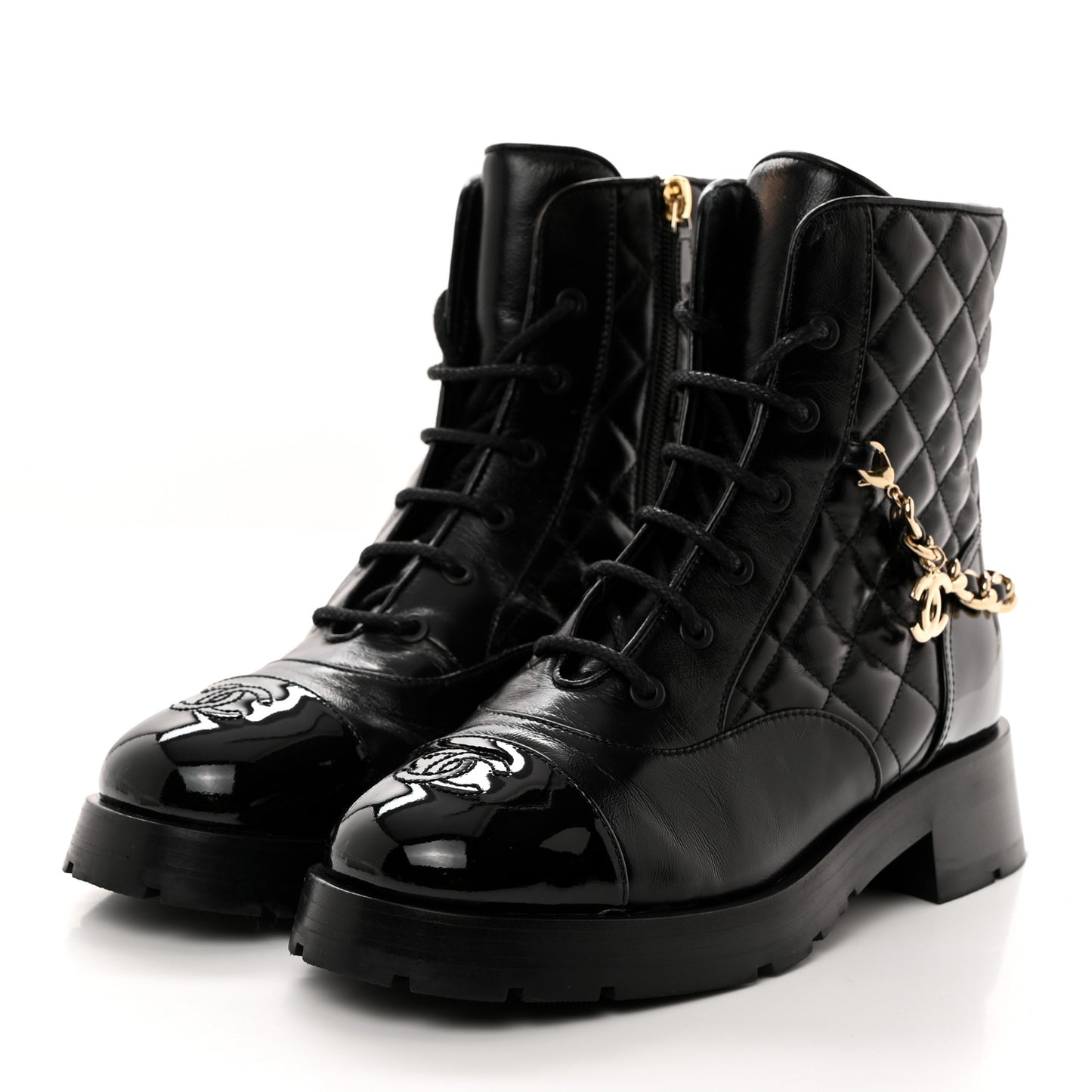 Shiny Calfskin Patent Quilted Chain Lace Up Combat Boots 38.5 Black