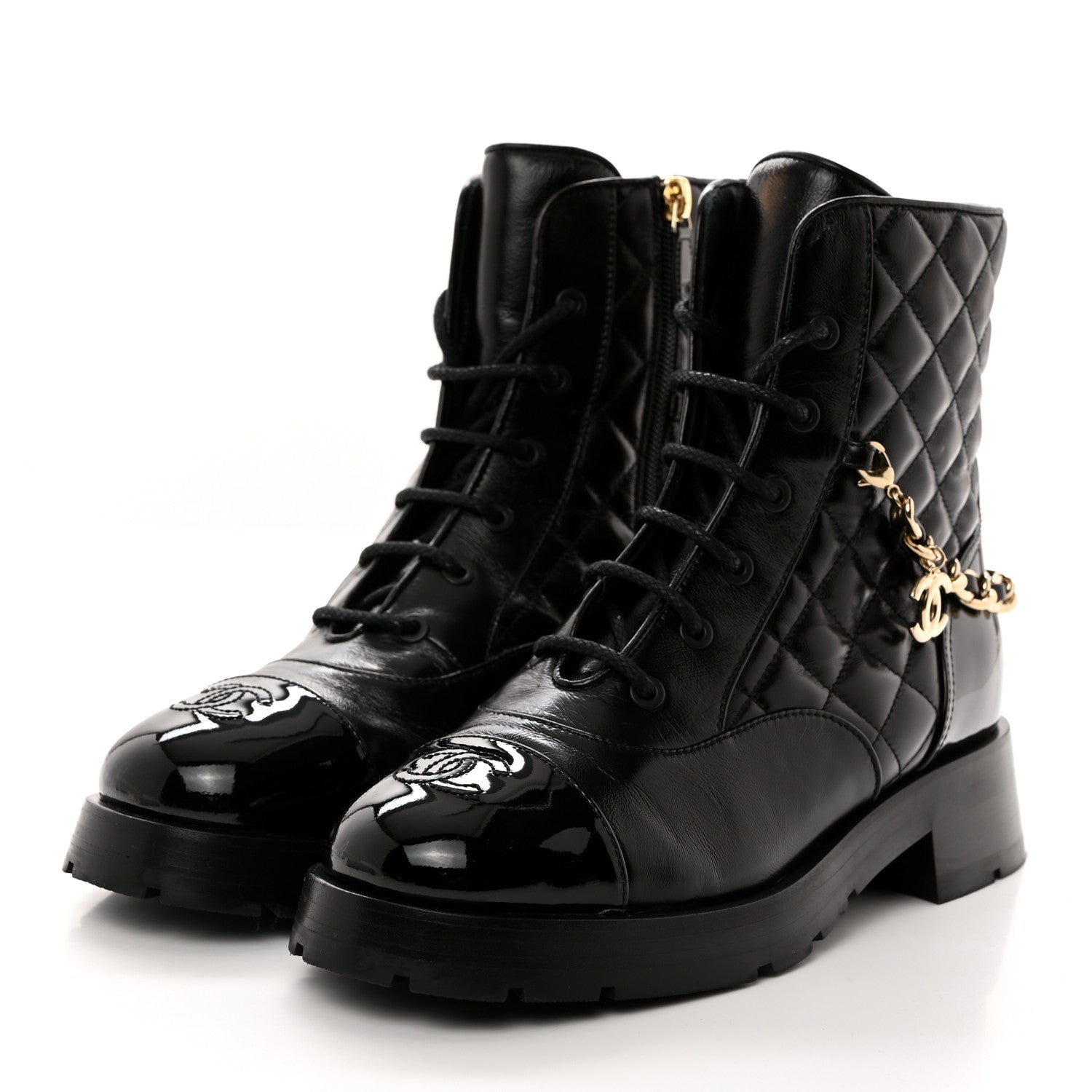 Chanel Shiny Calfskin Patent Quilted Chain Lace Up Combat Boots 38.5 Black 3 of 9