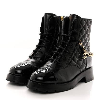 Chanel Shiny Calfskin Patent Quilted Chain Lace Up Combat Boots 38.5 Black 3 of 9
