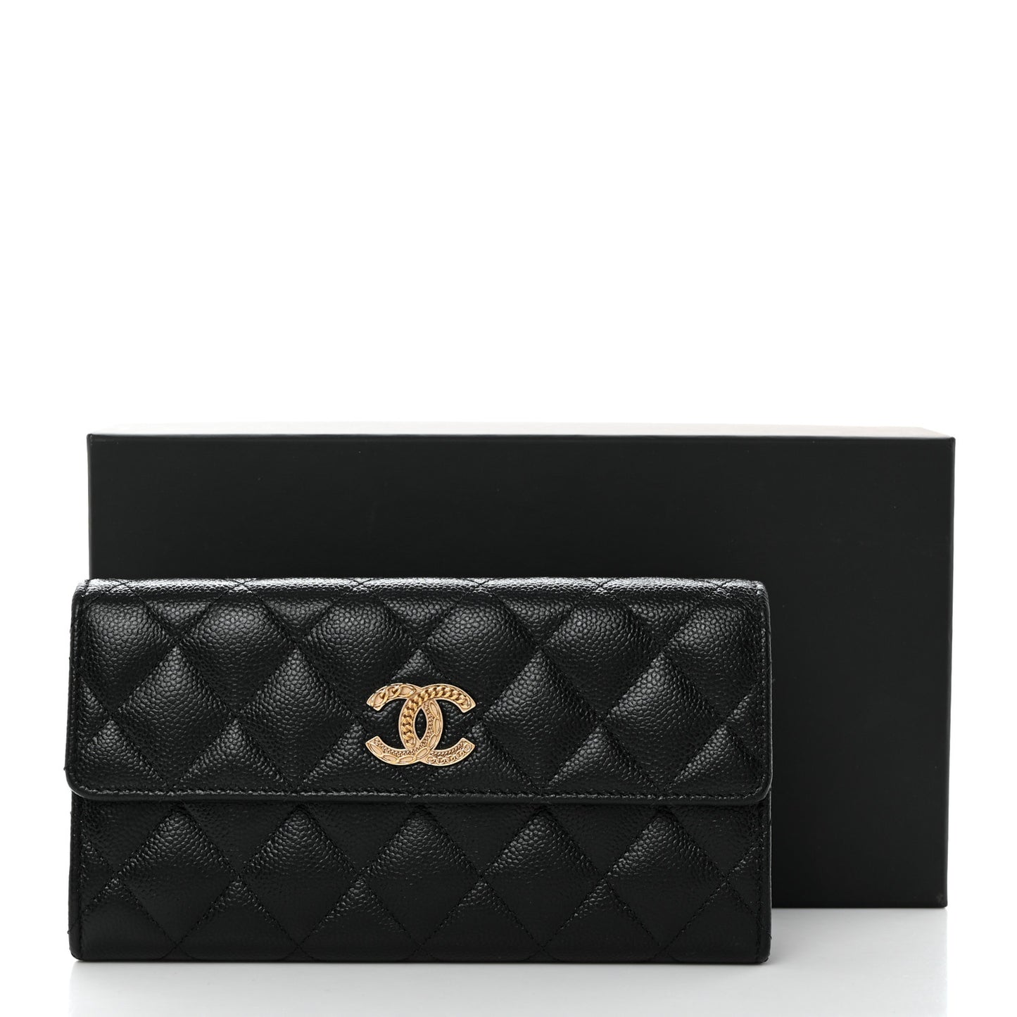 Caviar Quilted Multi Chain CC Large Gusset Flap Wallet Black