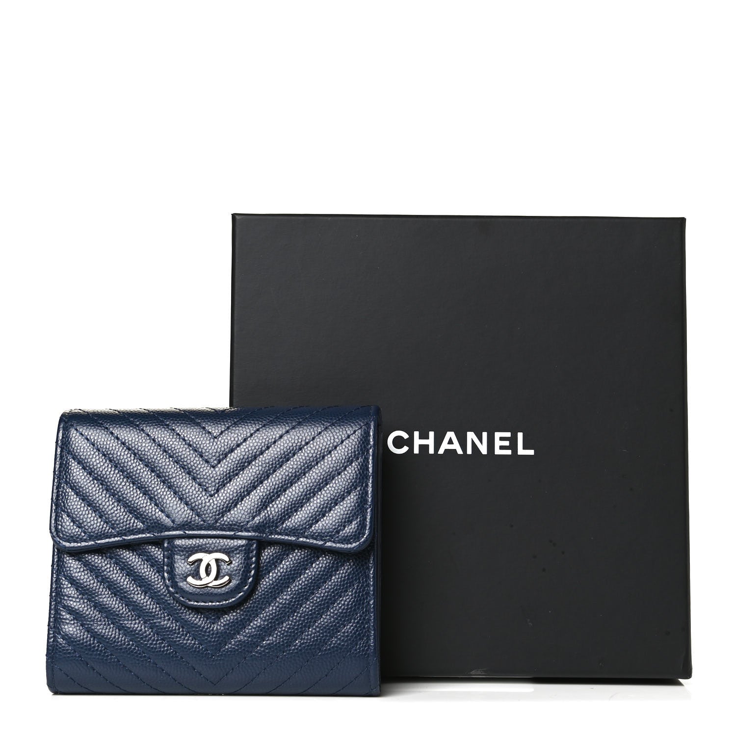 Chanel Caviar Chevron Quilted Compact Flap Wallet Navy 10 of 10