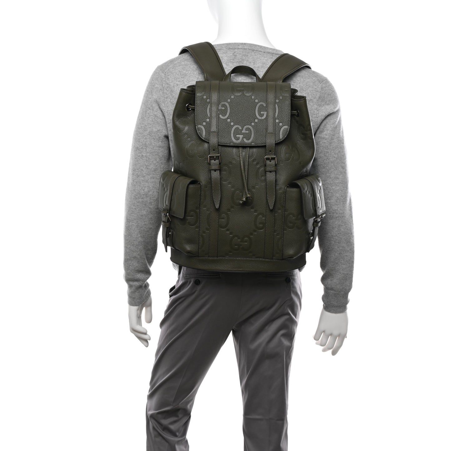 Piuma Calfskin Jumbo GG Embossed Double Buckle Backpack Dark Vintage Olive