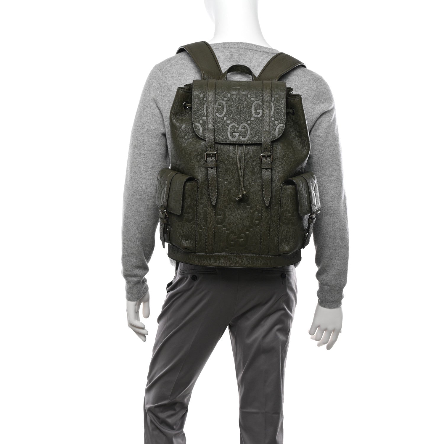 Gucci Piuma Calfskin Jumbo GG Embossed Double Buckle Backpack Dark Vintage Olive 2 of 9