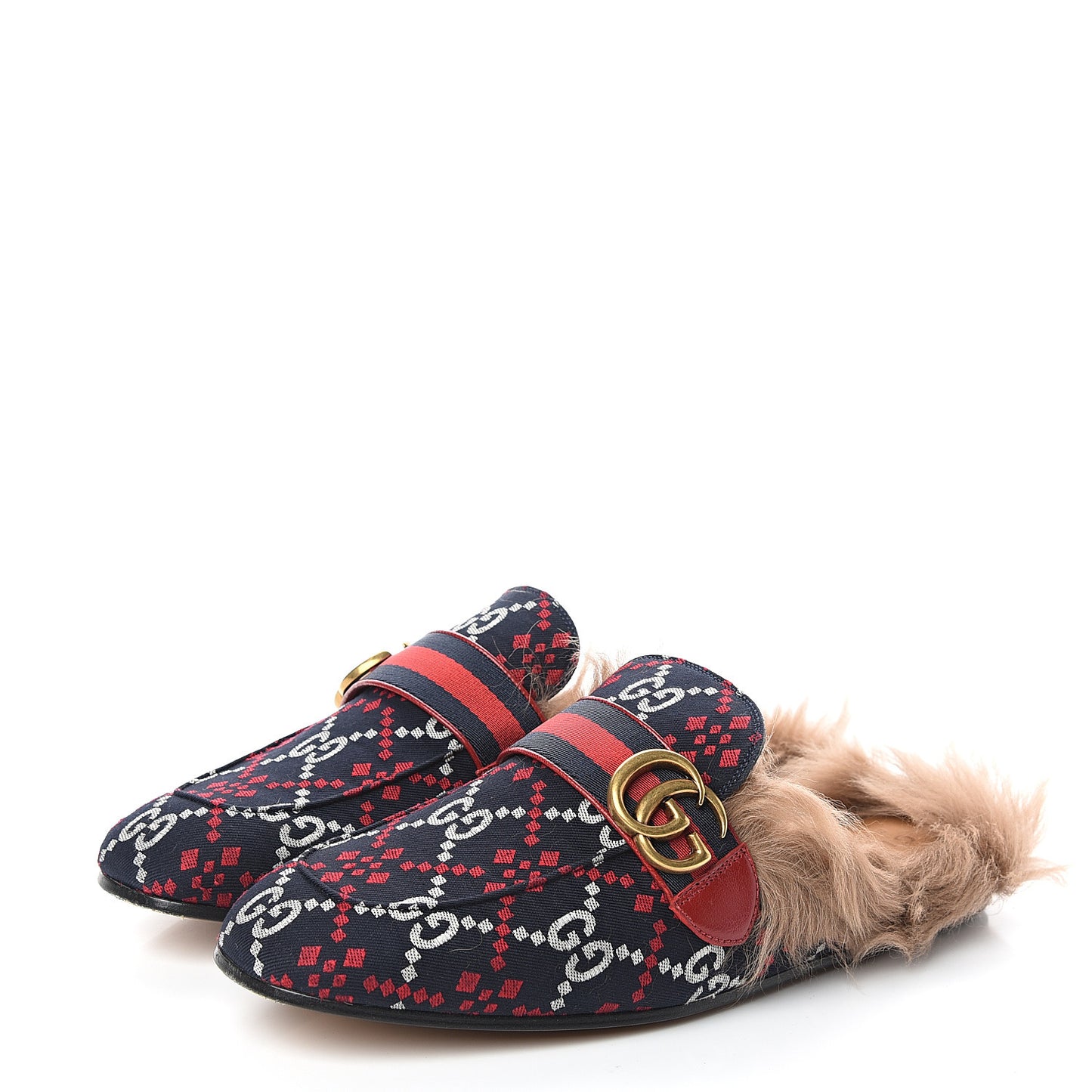 Canvas GG Monogram Diamond Fur Web GG Mens Princetown Slippers 7.5 Midnight Blue Hibiscus Red