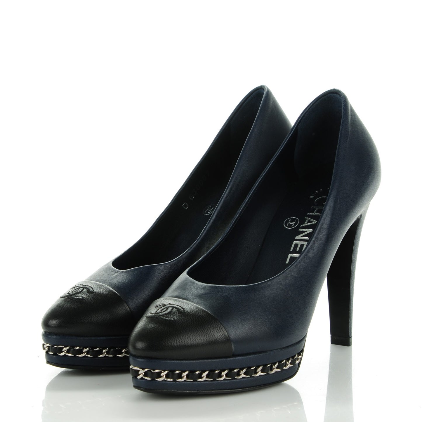 Calfskin CC Cap Toe Platform Chain Pumps 35 Navy Black