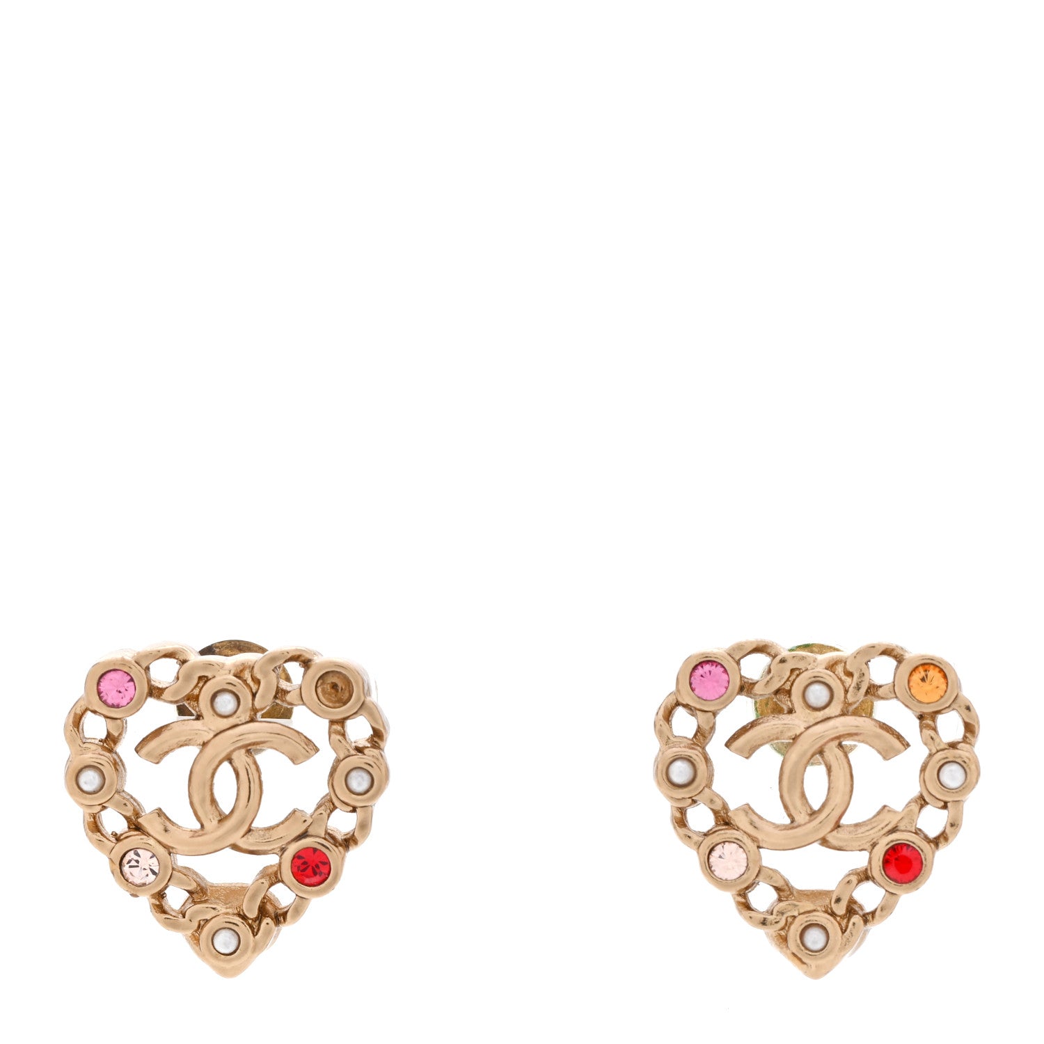 Chanel Pearl Crystal CC Heart Earrings Gold Multicolor 1 of 7
