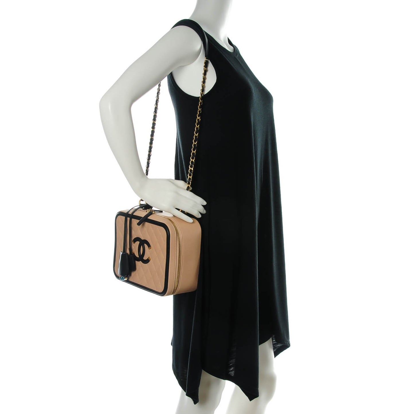 Caviar Quilted Large CC Filigree Vanity Case Beige Black